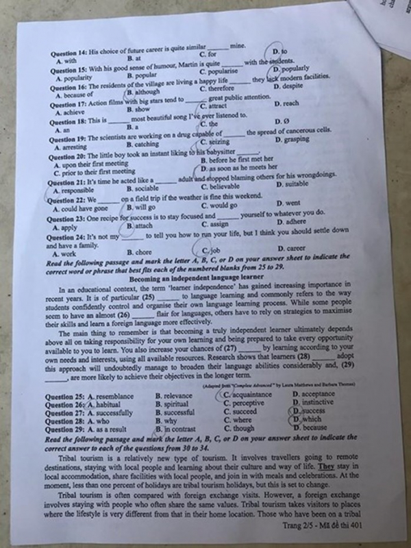 Đề thi môn tiếng Anh THPT Quốc gia 2019 mã đề 401
