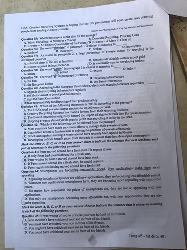 Đề thi môn tiếng Anh THPT Quốc gia 2019 mã đề 401