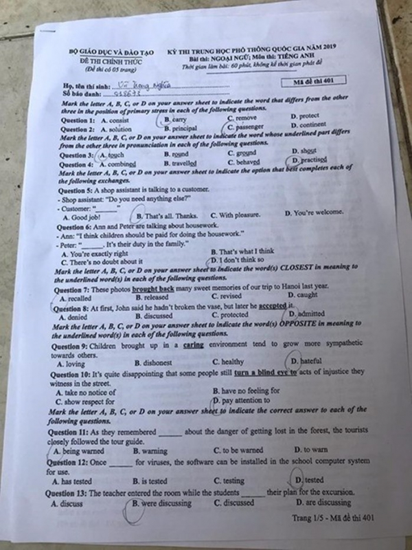 Đề thi môn tiếng Anh THPT Quốc gia 2019 mã đề 401