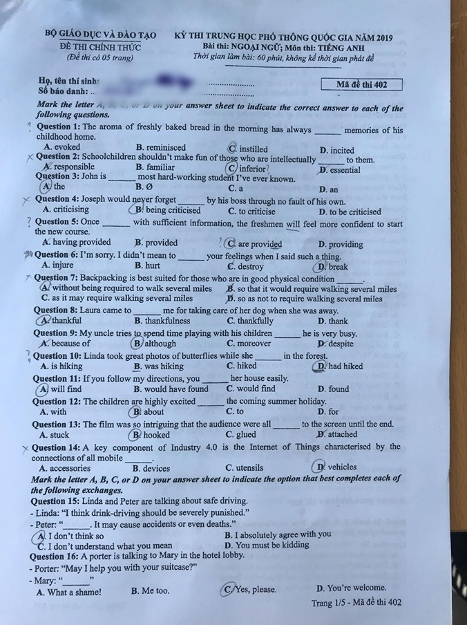 Đề thi môn tiếng Anh THPT Quốc gia 2019 mã đề 402