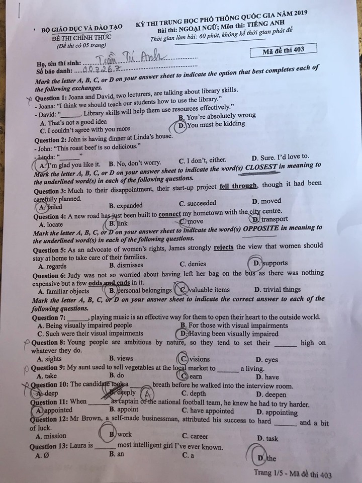 Đề thi môn tiếng Anh THPT Quốc gia 2019 mã đề 403
