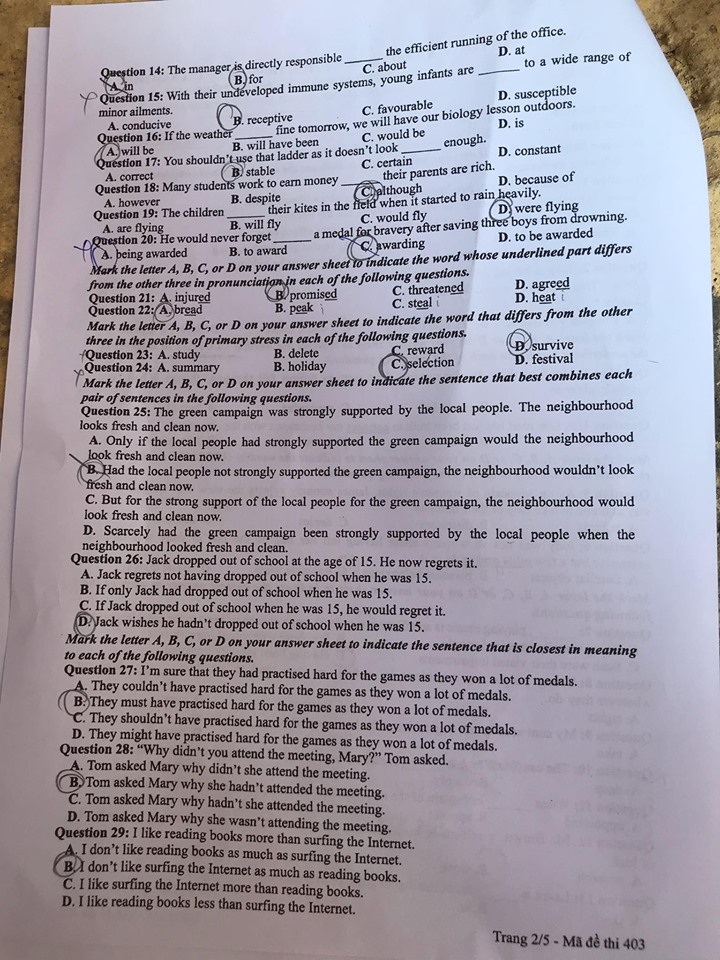 Đề thi môn tiếng Anh THPT Quốc gia 2019 mã đề 403