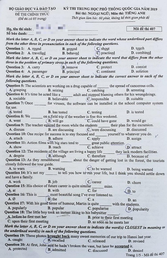 Đề thi môn tiếng Anh THPT Quốc gia 2019 mã đề 407