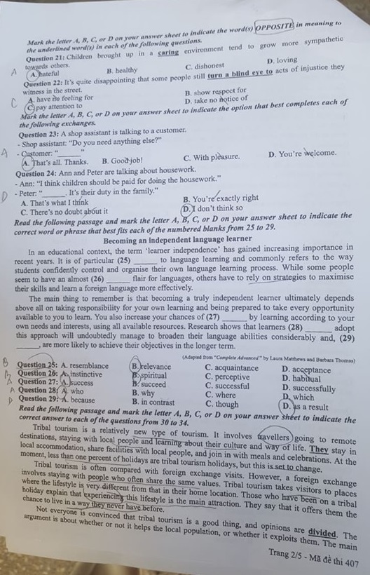 Đề thi môn tiếng Anh THPT Quốc gia 2019 mã đề 407