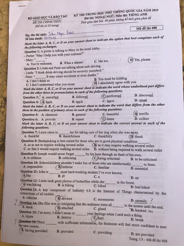 Đề thi môn tiếng Anh THPT Quốc gia 2019 mã đề 408