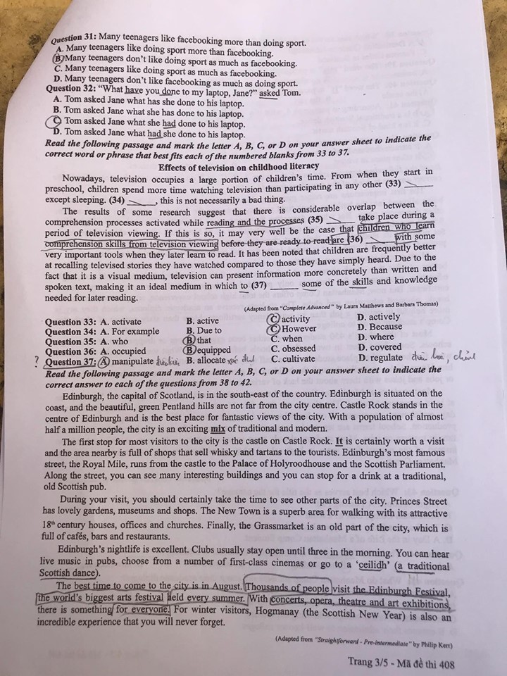 Đề thi môn tiếng Anh THPT Quốc gia 2019 mã đề 408