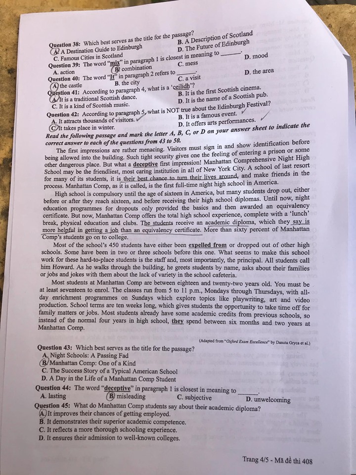 Đề thi môn tiếng Anh THPT Quốc gia 2019 mã đề 408