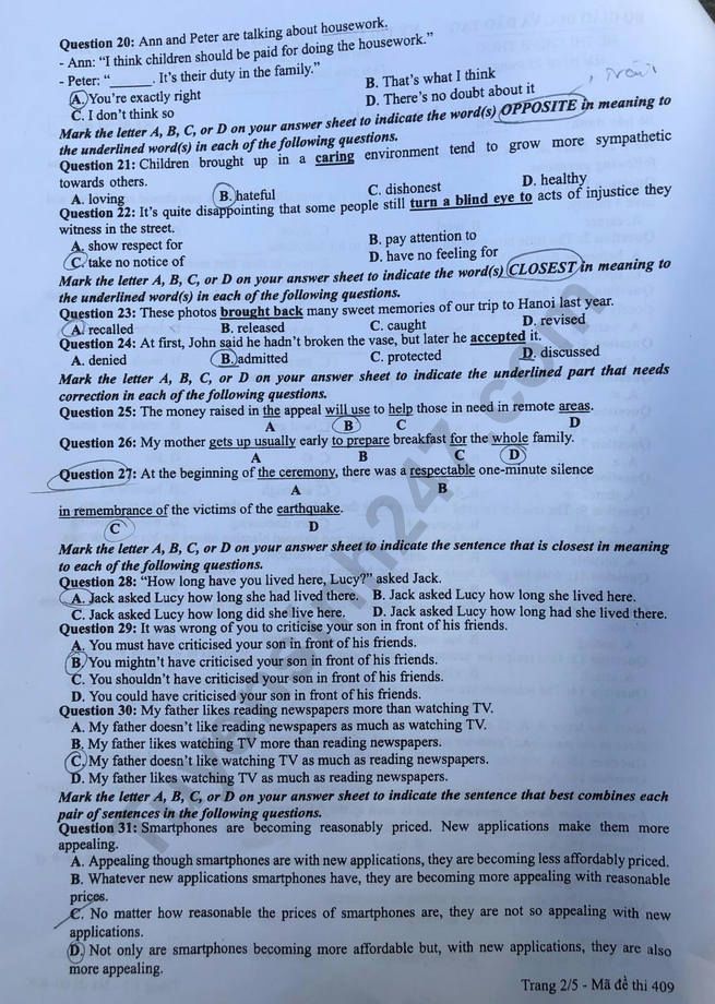 Đề thi môn tiếng Anh THPT Quốc gia 2019 mã đề 409