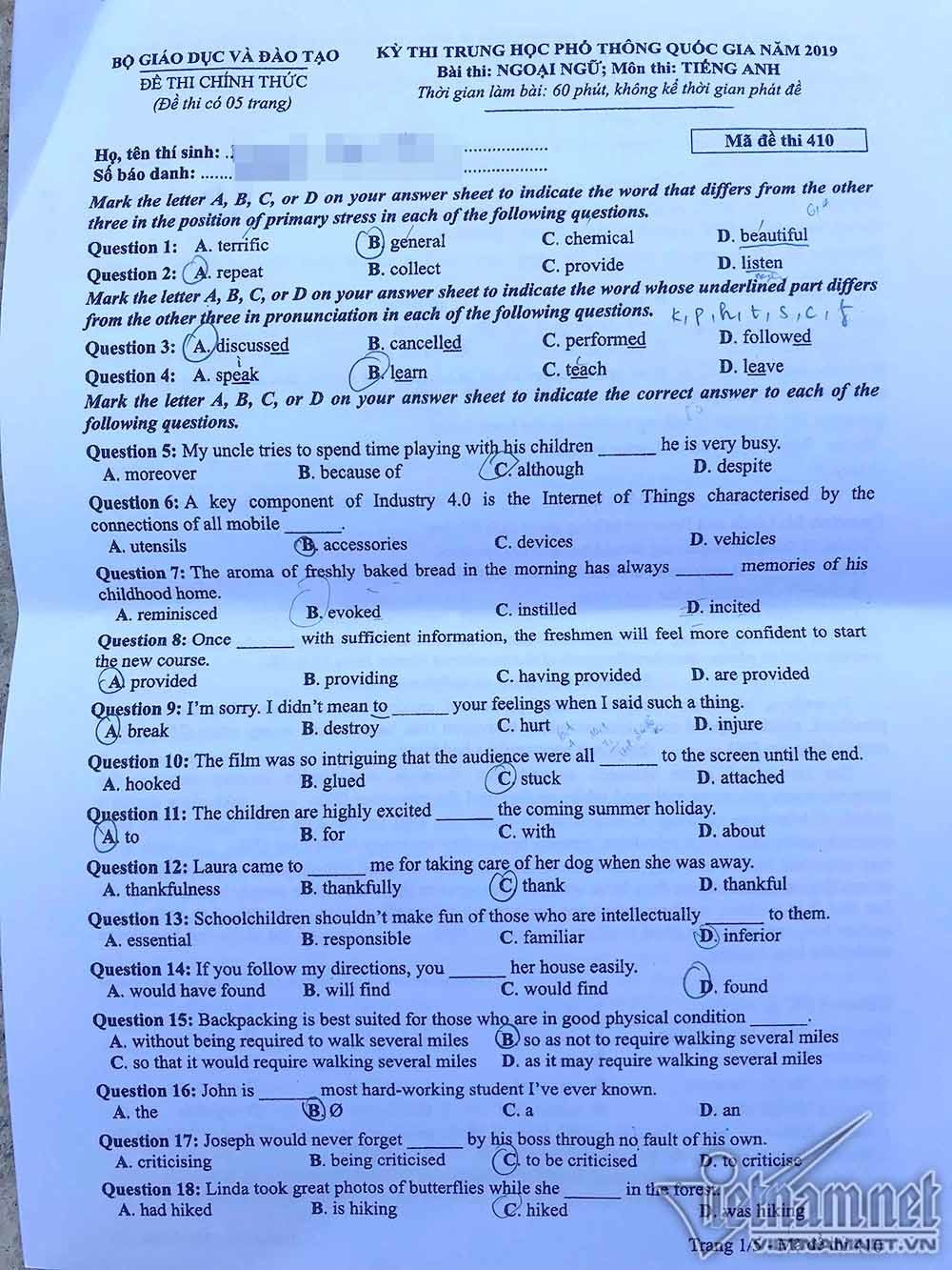 Đề thi môn tiếng Anh THPT Quốc gia 2019 mã đề 410