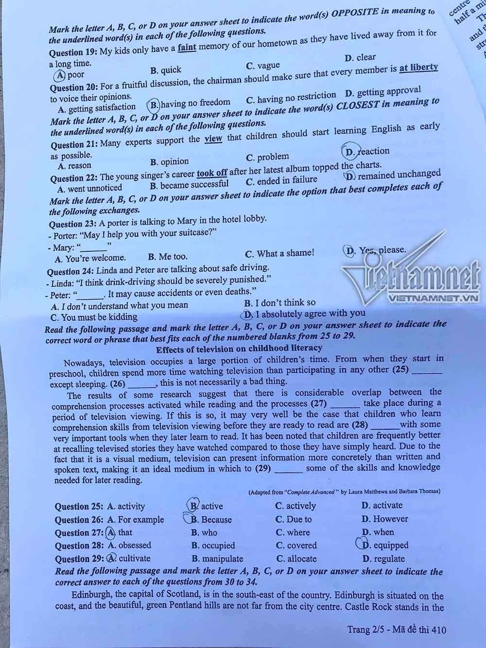 Đề thi môn tiếng Anh THPT Quốc gia 2019 mã đề 410