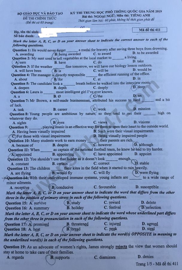 Đề thi môn tiếng Anh THPT Quốc gia 2019 mã đề 411