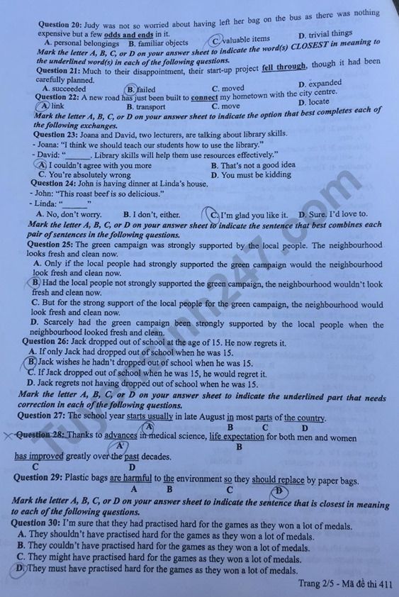 Đề thi môn tiếng Anh THPT Quốc gia 2019 mã đề 411