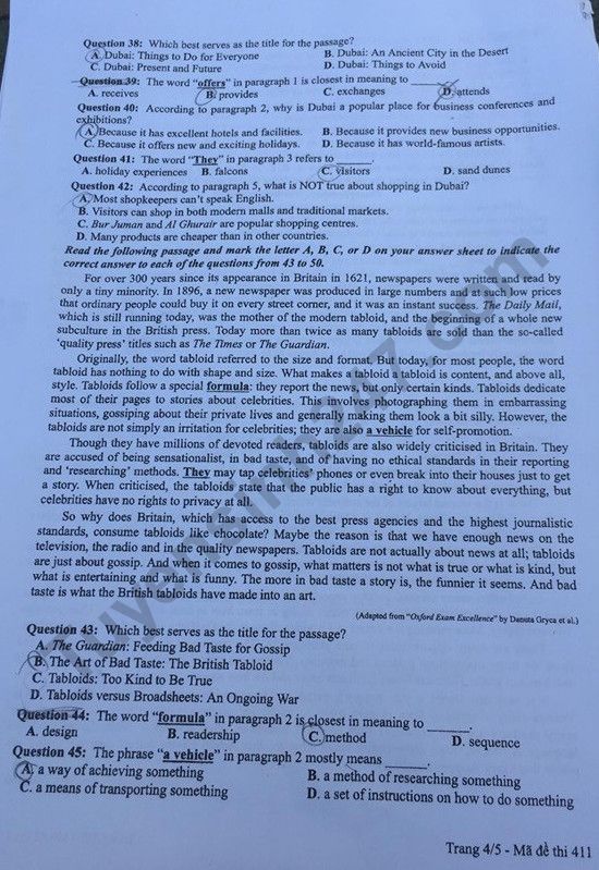 Đề thi môn tiếng Anh THPT Quốc gia 2019 mã đề 411