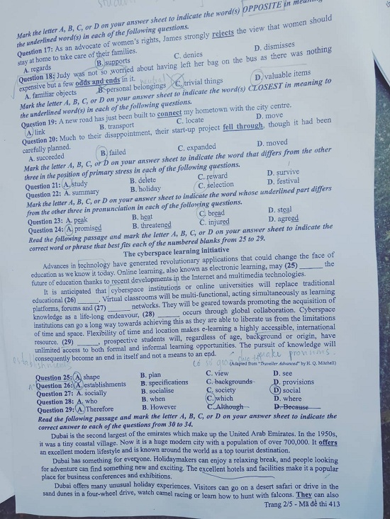 Đề thi môn tiếng Anh THPT Quốc gia 2019 mã đề 413