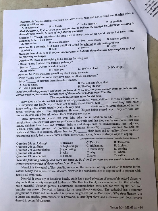 Đề thi môn tiếng Anh THPT Quốc gia 2019 mã đề 414