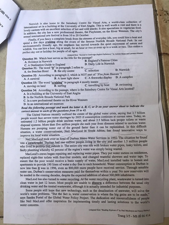 Đề thi môn tiếng Anh THPT Quốc gia 2019 mã đề 414