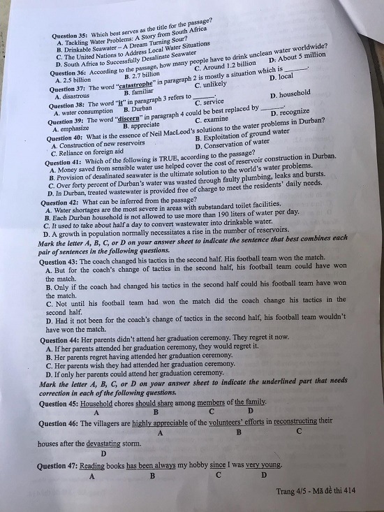 Đề thi môn tiếng Anh THPT Quốc gia 2019 mã đề 414