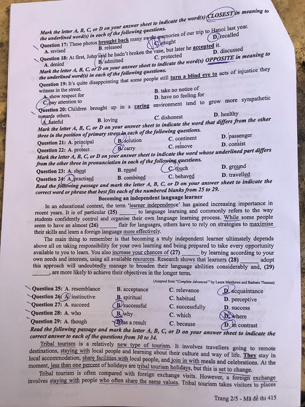 Đề thi môn tiếng Anh THPT Quốc gia 2019 mã đề 415
