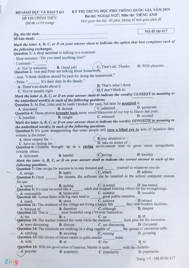 Đề thi môn tiếng Anh THPT Quốc gia 2019 mã đề 417