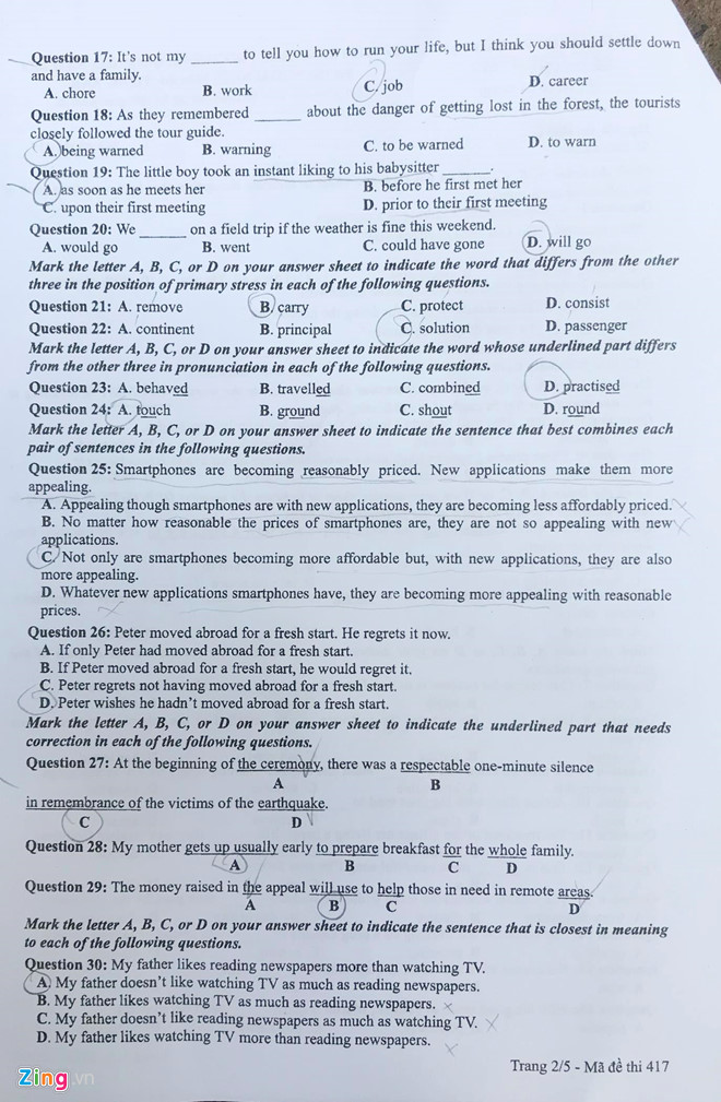 Đề thi môn tiếng Anh THPT Quốc gia 2019 mã đề 417