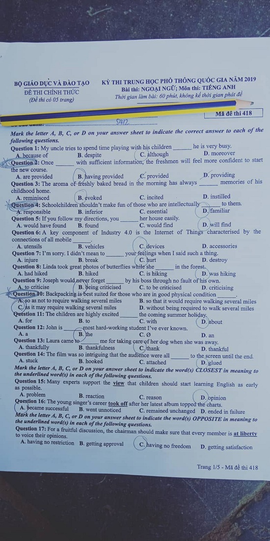 Đề thi môn tiếng Anh THPT Quốc gia 2019 mã đề 418