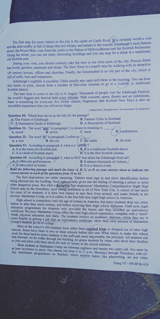 Đề thi môn tiếng Anh THPT Quốc gia 2019 mã đề 418