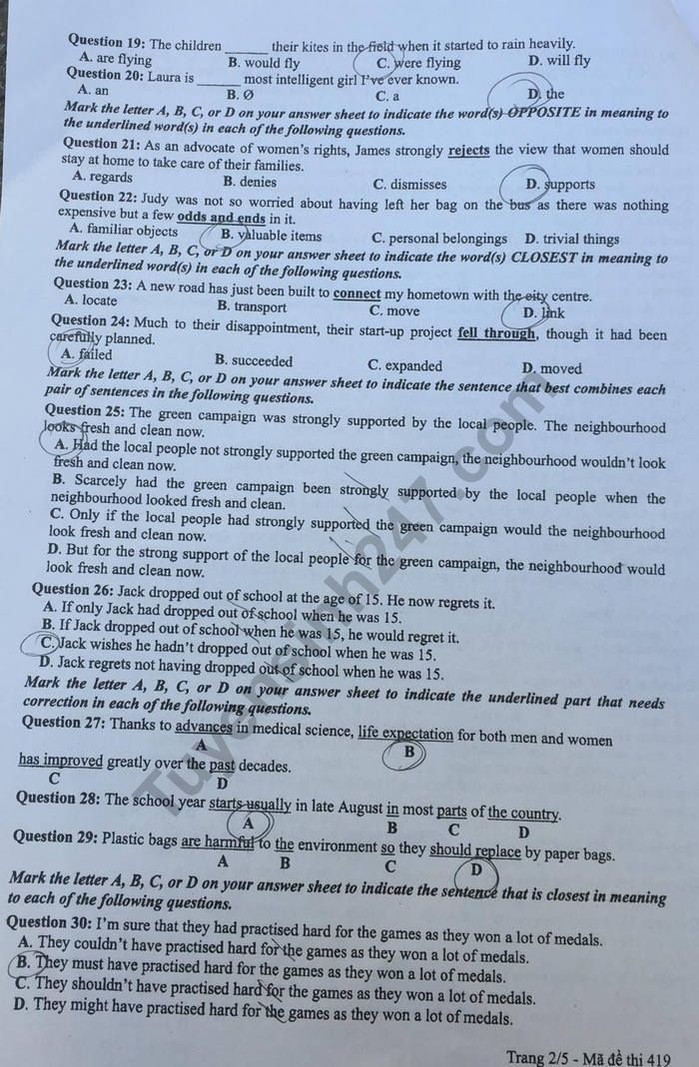 Đề thi môn tiếng Anh THPT Quốc gia 2019 mã đề 419