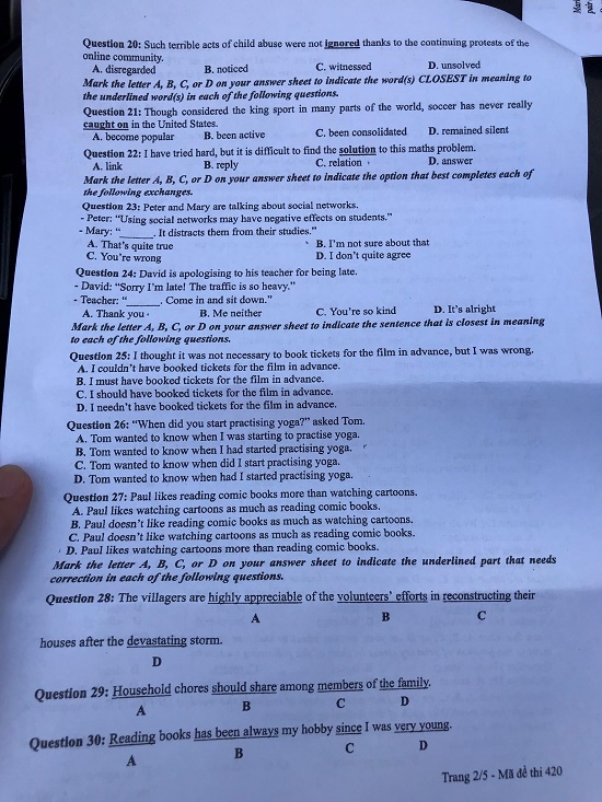 Đề thi môn tiếng Anh THPT Quốc gia 2019 mã đề 420