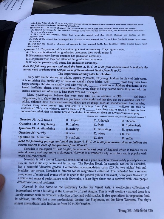 Đề thi môn tiếng Anh THPT Quốc gia 2019 mã đề 420