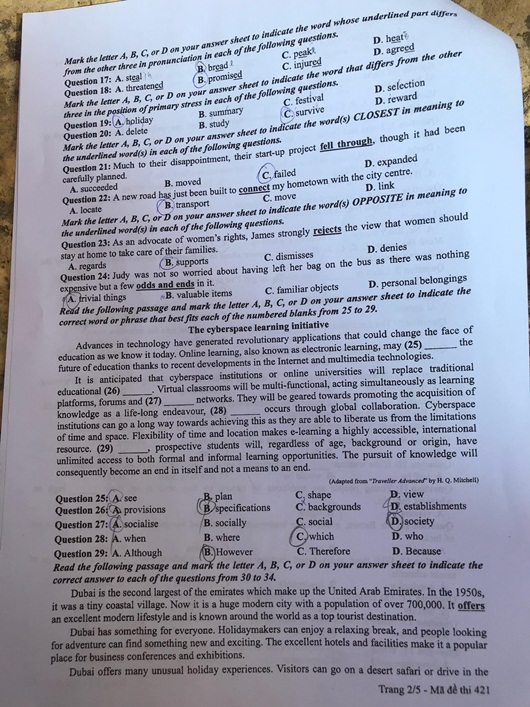 Đề thi môn tiếng Anh THPT Quốc gia 2019 mã đề 421