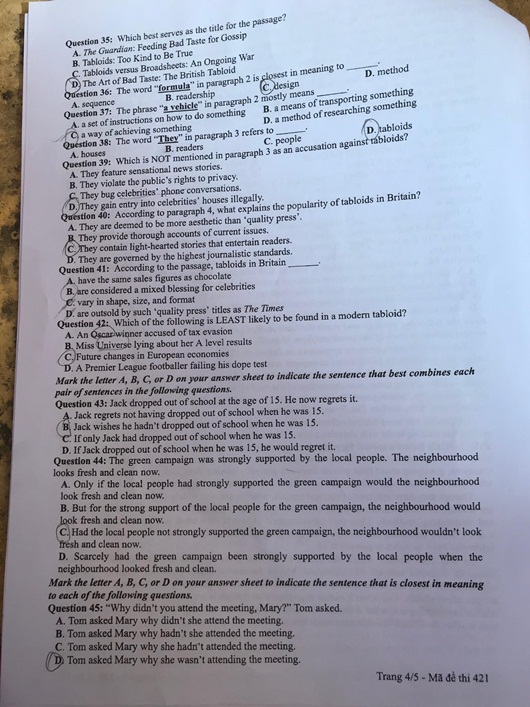 Đề thi môn tiếng Anh THPT Quốc gia 2019 mã đề 421