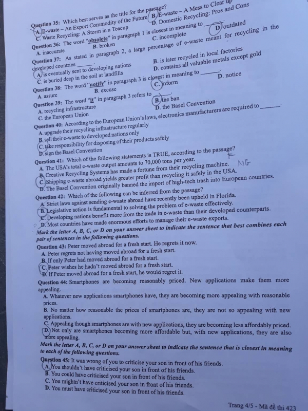 Đề thi môn tiếng Anh THPT Quốc gia 2019 mã đề 423