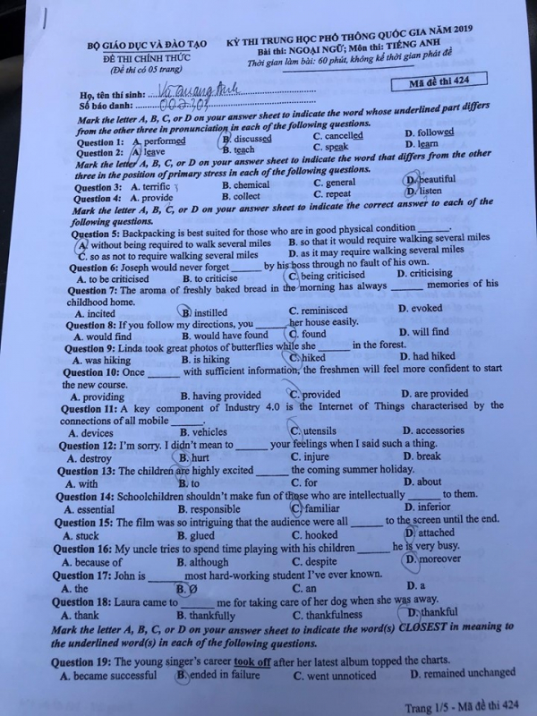 Đề thi môn tiếng Anh THPT Quốc gia 2019 mã đề 424