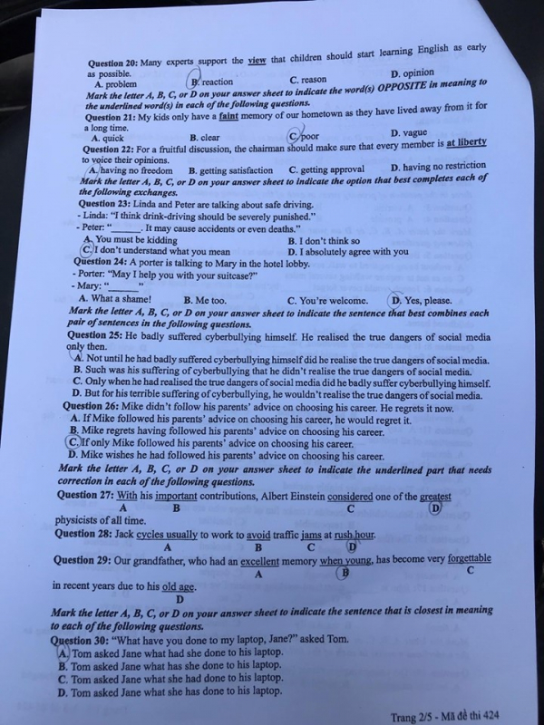 Đề thi môn tiếng Anh THPT Quốc gia 2019 mã đề 424