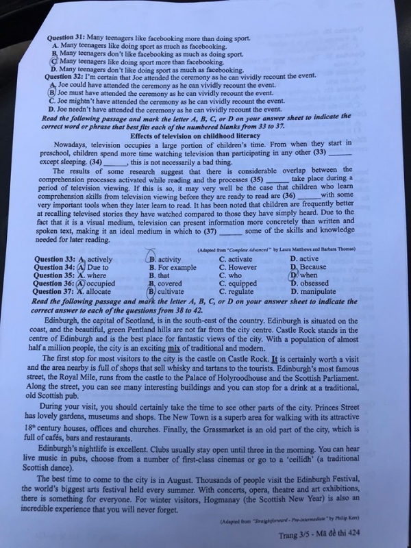 Đề thi môn tiếng Anh THPT Quốc gia 2019 mã đề 424