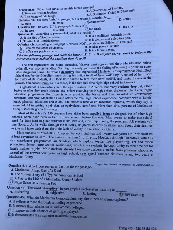 Đề thi môn tiếng Anh THPT Quốc gia 2019 mã đề 424