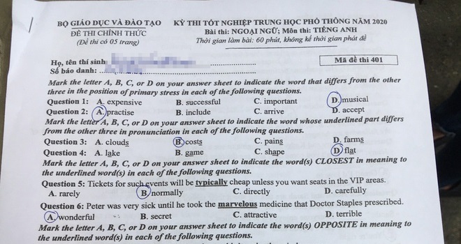 Đề thi và đáp án môn tiếng Anh THPT Quốc gia 2020 (Mã đề: 401)