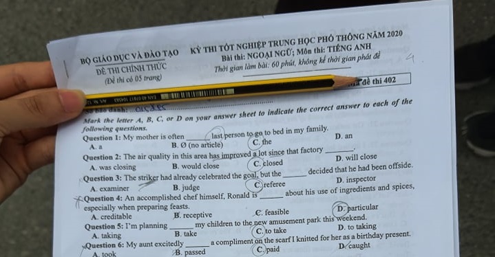 Đề thi và đáp án môn tiếng Anh THPT Quốc gia 2020 (Mã đề: 402)