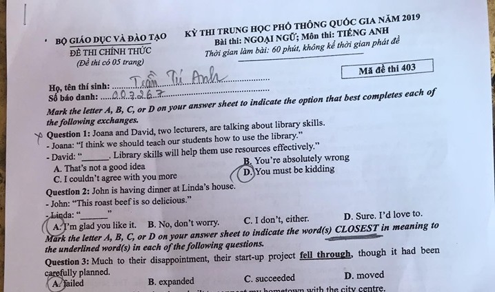 Đề thi và đáp án môn tiếng Anh THPT Quốc gia 2020 (Mã đề: 403)