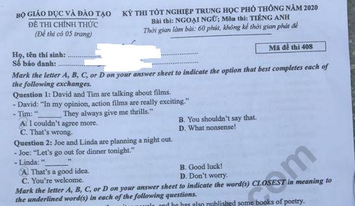 Đề thi và đáp án môn tiếng Anh THPT Quốc gia 2020 (Mã đề: 408)