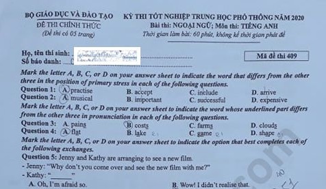 Đề thi và đáp án môn tiếng Anh THPT Quốc gia 2020 (Mã đề: 409)