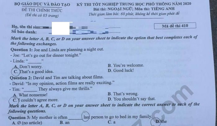 Đề thi và đáp án môn tiếng Anh THPT Quốc gia 2020 (Mã đề: 410)