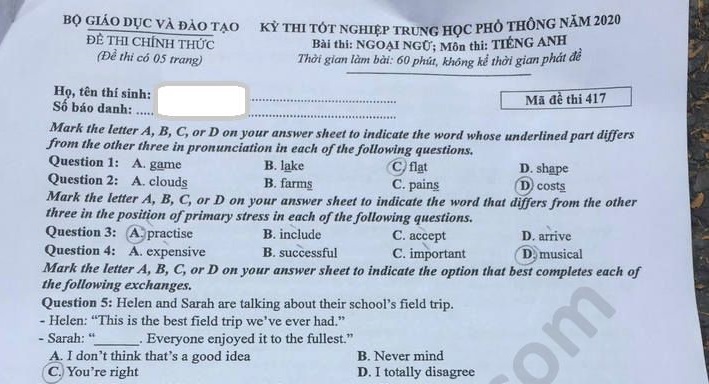 Đề thi và đáp án môn tiếng Anh THPT Quốc gia 2020 (Mã đề: 417)